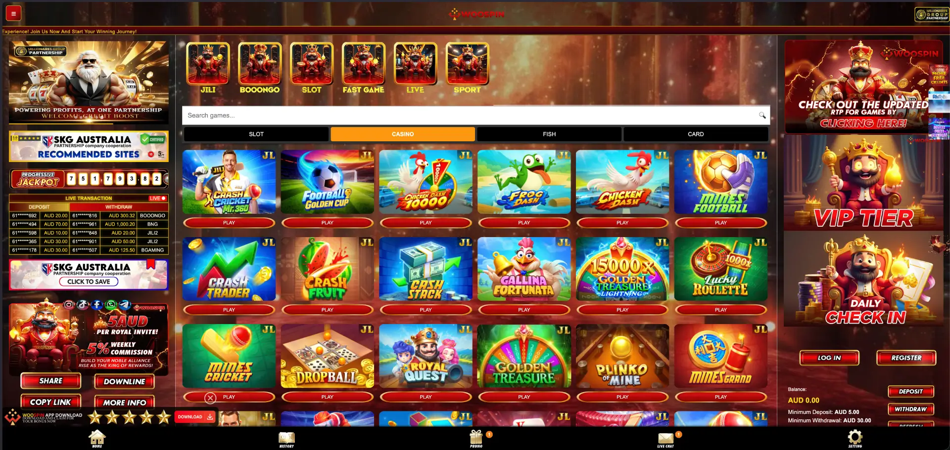 Woospin casino lobby with royal interface and app download banner