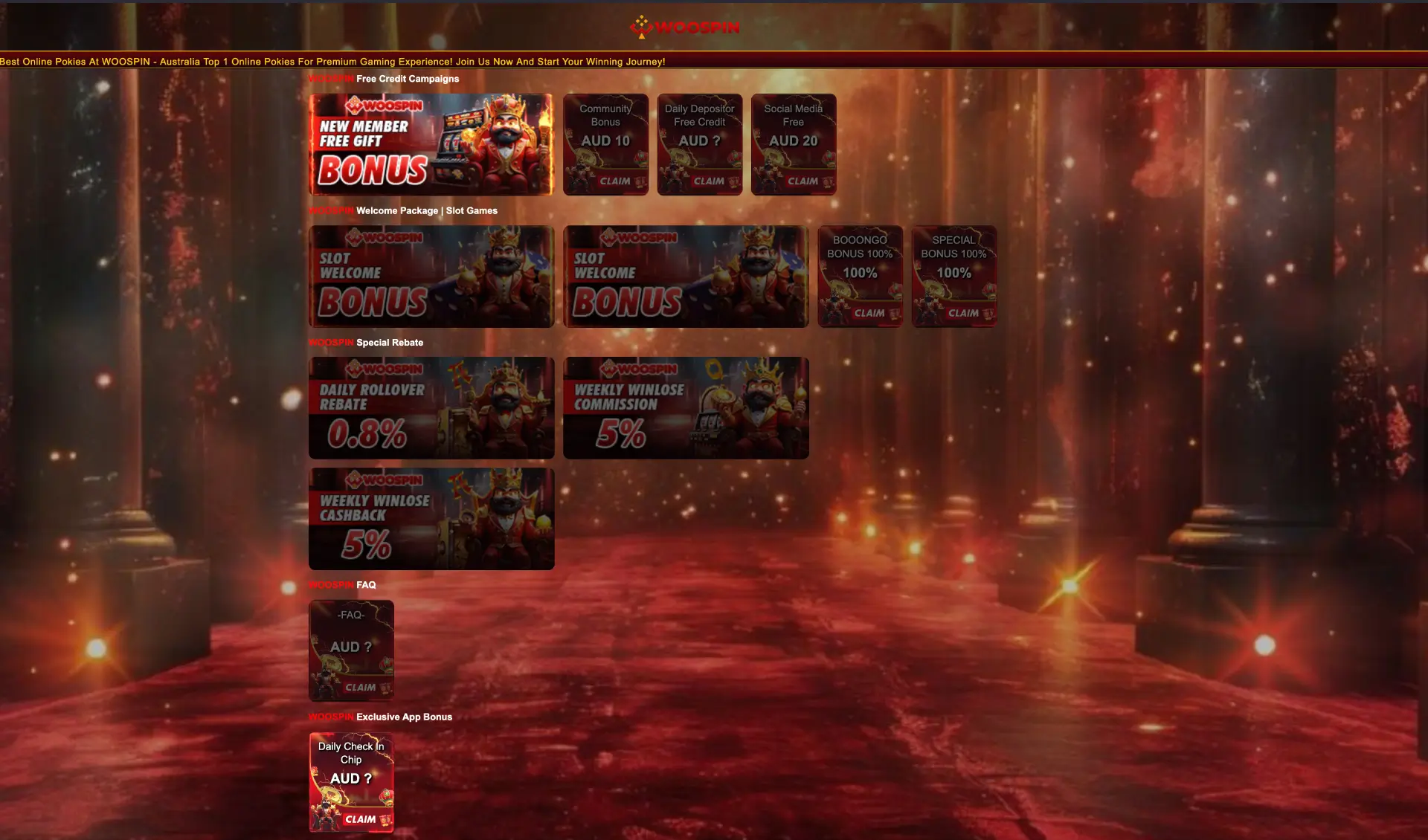 Woospin promotions page with free credits rebates Red Packets and VIP offers