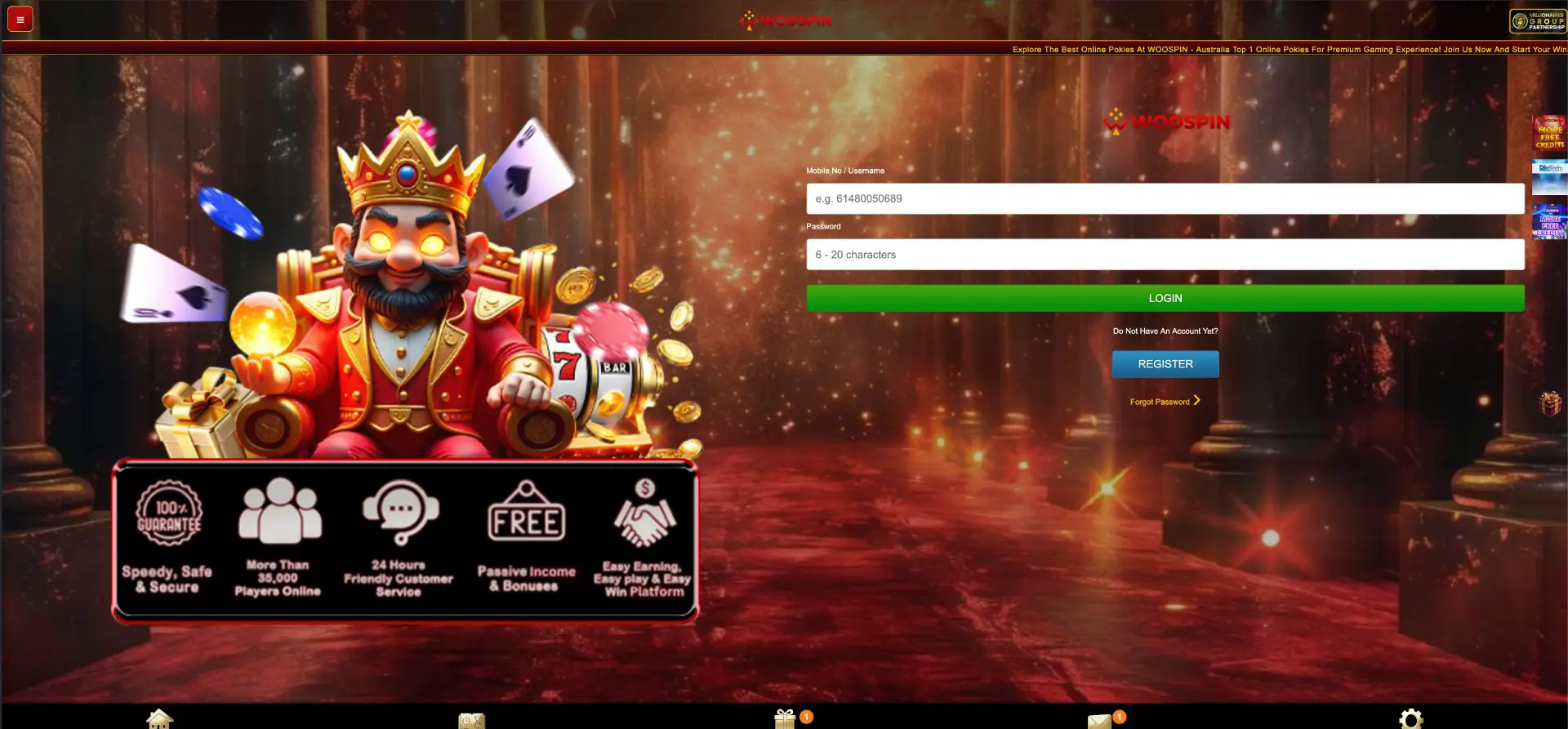 Woospin SMS registration and login screen for Australian players
