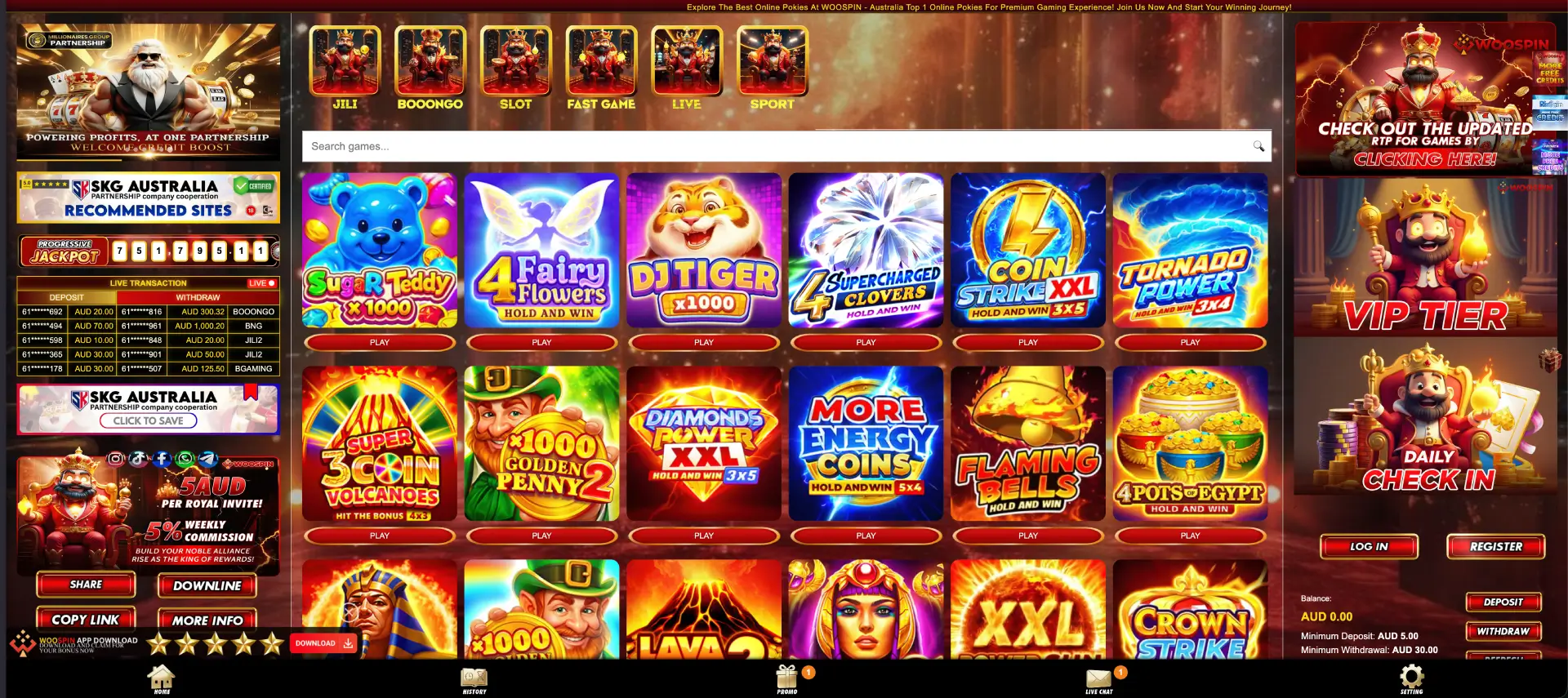 Woospin pokies lobby with JILI and Booongo game tabs